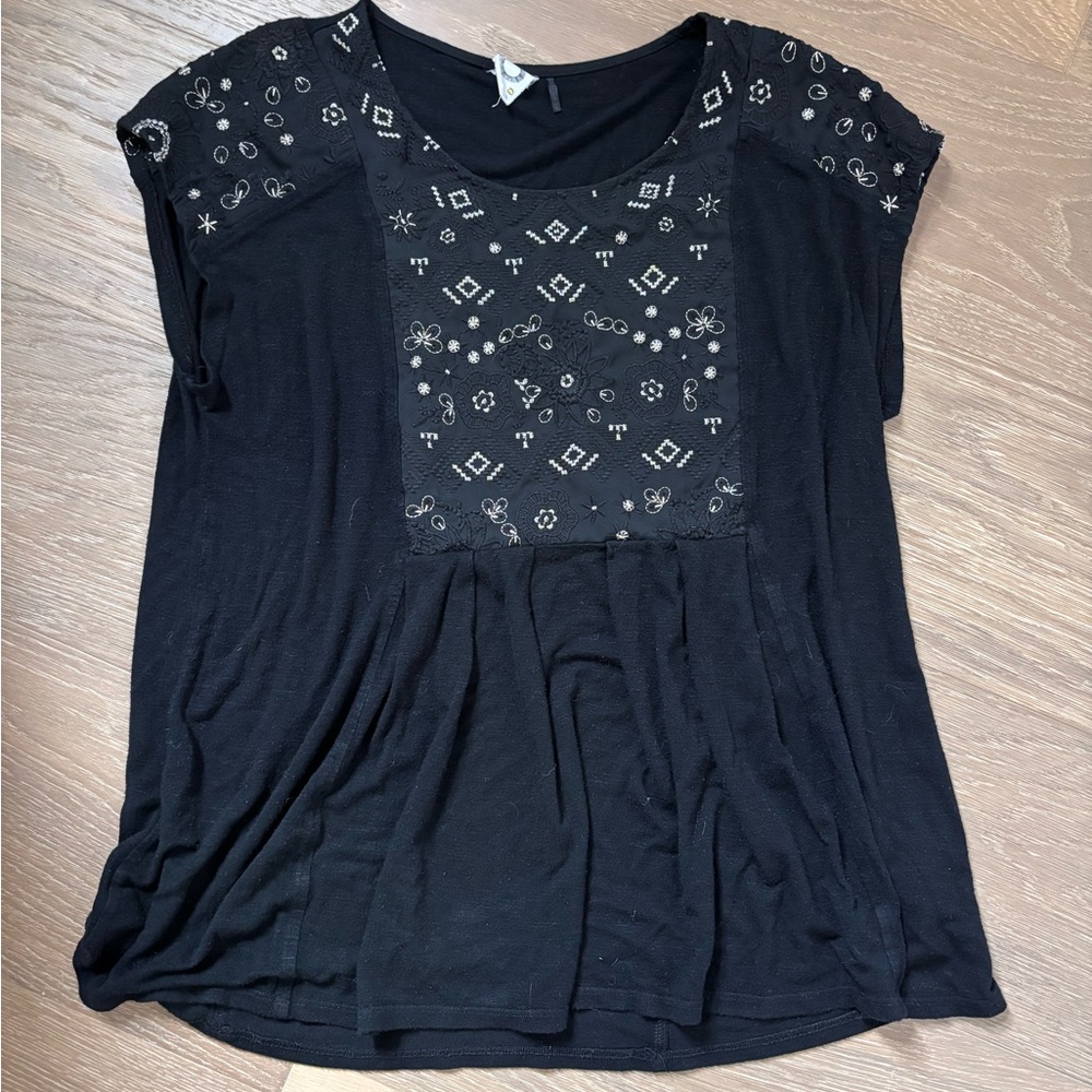 Anthropologie Black and Gold Embroidered Top